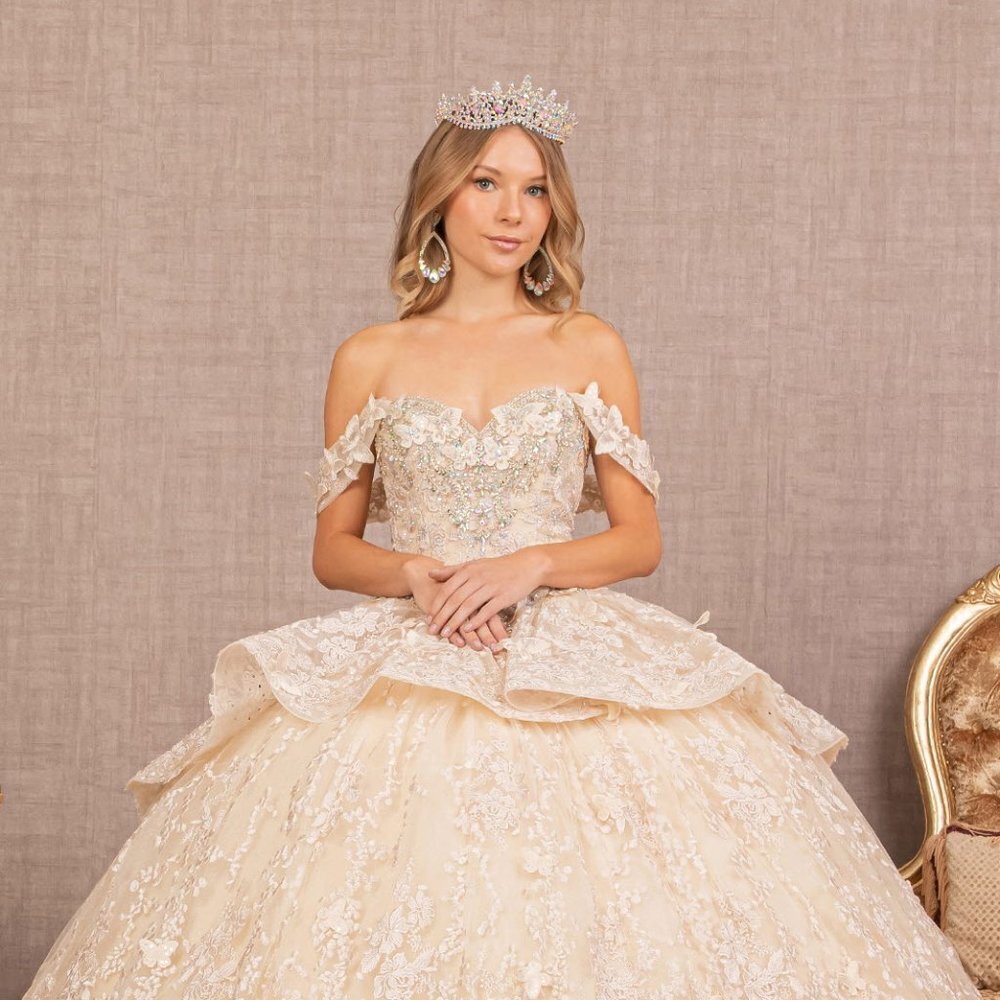 NEW OFF THE SHOULDER SLEEVELESS BALL GOWN WITH MESH CAPE & LACE UP BACK GL 3112